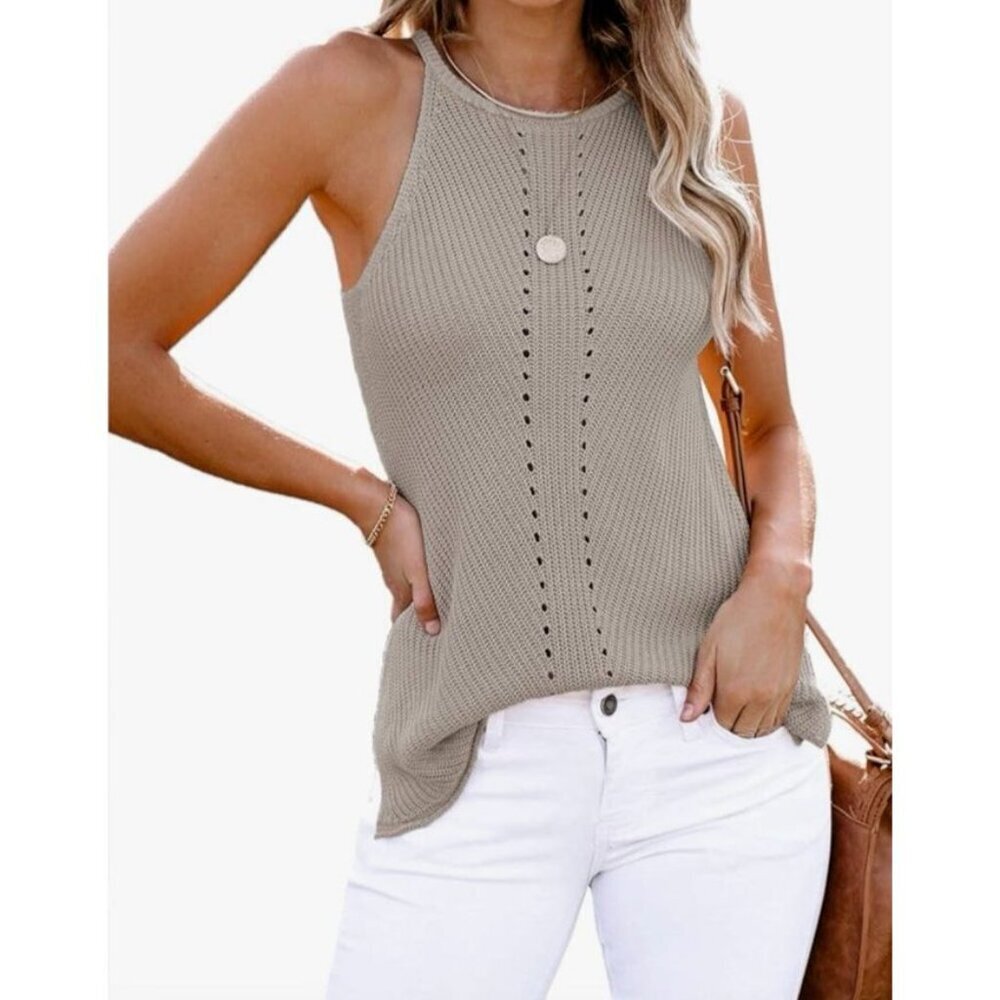 Women's S Scoop Neck Knit Tank Top Casual Loose Sleeveless Split Sides Taupe